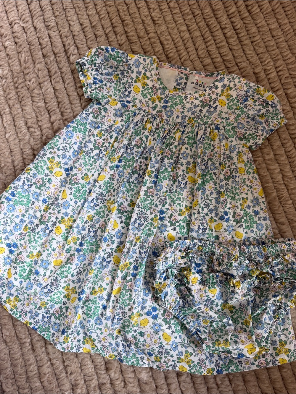Baby Boden Floral Cotton Dress in White, Yellow, Blue, Green